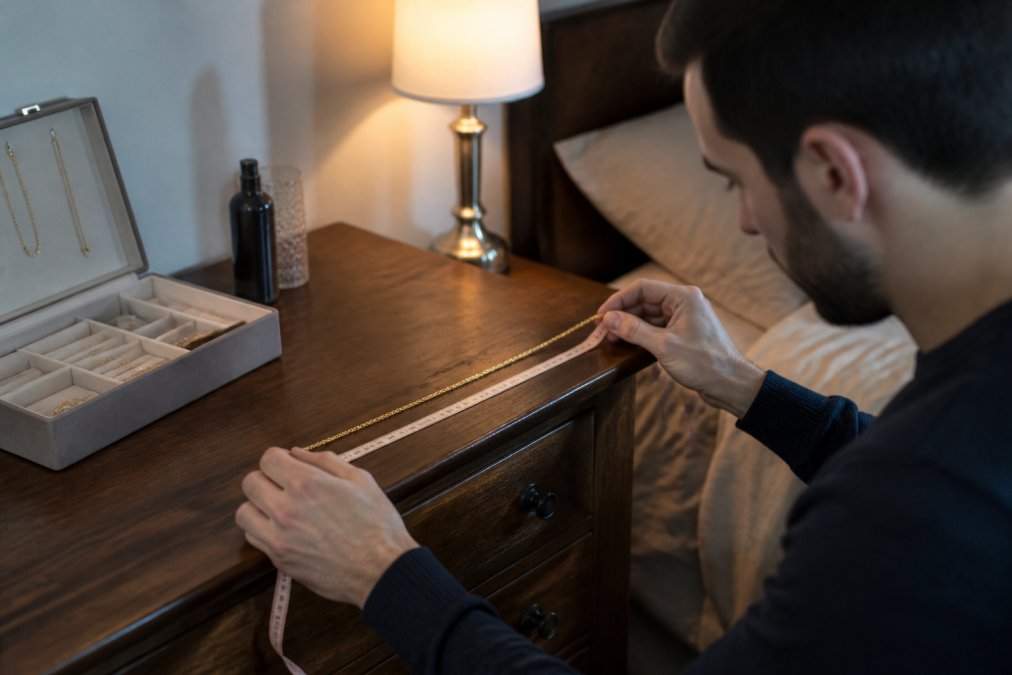 A husband measuring a gold necklace length with a tape measure on a wooden dresser in a warm bedroom setting