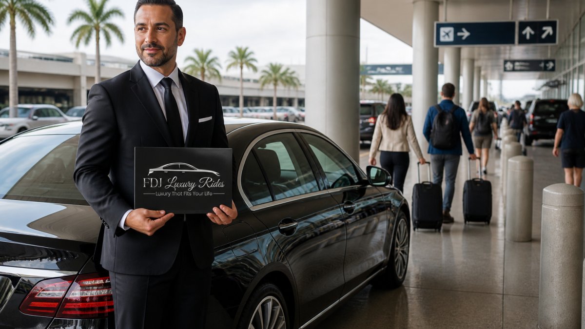 Professional chauffeur in dark suit standing near luxury vehicle in airport pickup zone, holding a nameplate sign, with arriving passengers visible in background