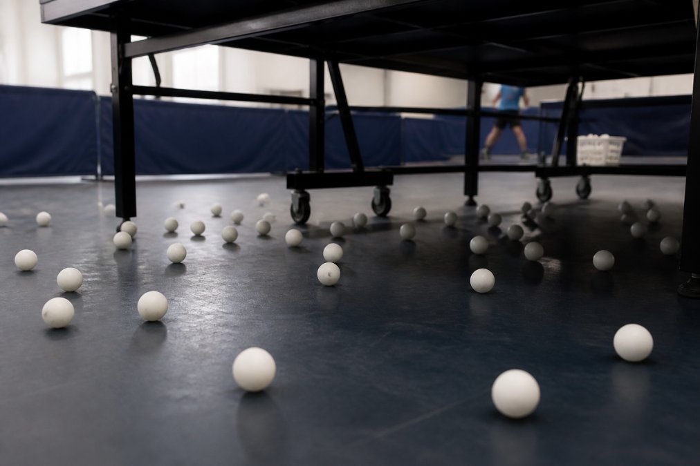 Close-up of dozens of white ping pong balls scattered on a practice hall floor underneath a table tennis table