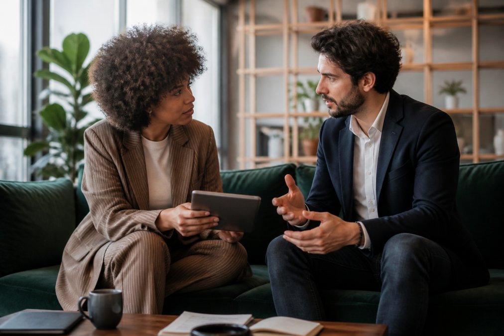 Two music industry professionals meeting in modern office setting, reviewing music files on tablet or laptop together, engaged in conversation with professional body language and natural lighting