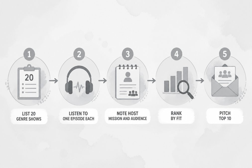 Watercolor flowchart: Step 1 List 20 genre shows → Step 2 Listen to one episode each → Step 3 Note host mission and audience → Step 4 Rank by fit → Step 5 Pitch top 10