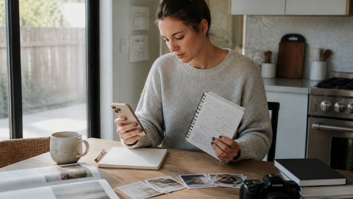 A woman planning to pivot your Instagram niche using a smartphone and a content strategy notebook at home.