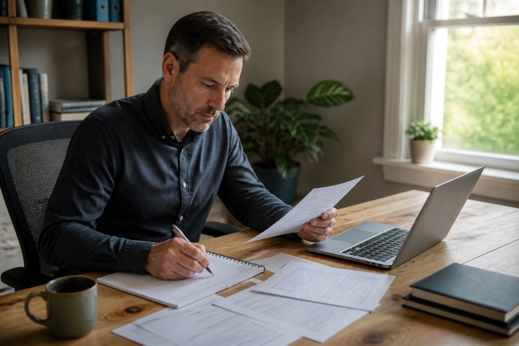 Professional reviewing credit documents and taking notes while setting up fraud protection on a laptop at a wooden desk with natural daylight