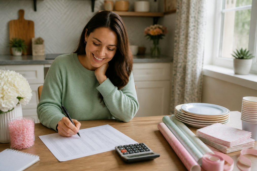 Smiling host at a kitchen table with a printed budget worksheet, calculator, and pastel party supplies stacked nearby, warm afternoon light through the window