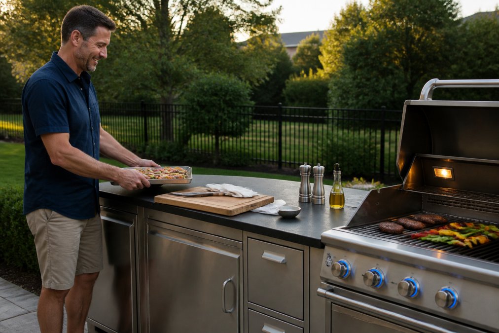 A homeowner setting a tray of food on a stainless steel outdoor kitchen island countertop beside a lit grill, with a prep cutting board and utensils visible on the counter