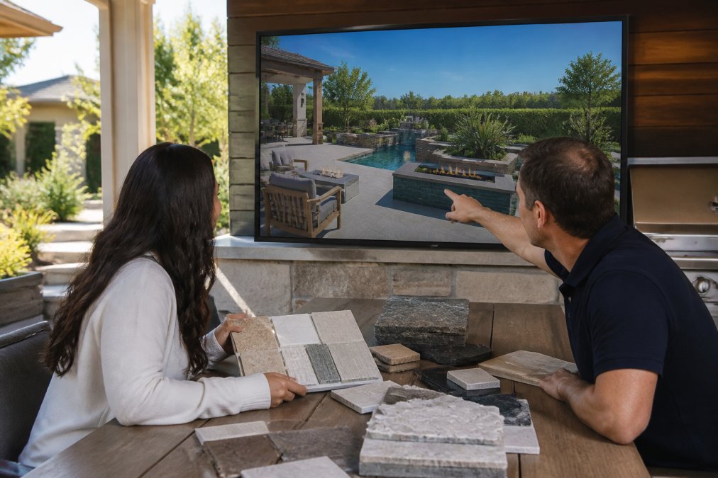 Designer and client reviewing a 3D backyard renovation project on a screen with material samples for planning.