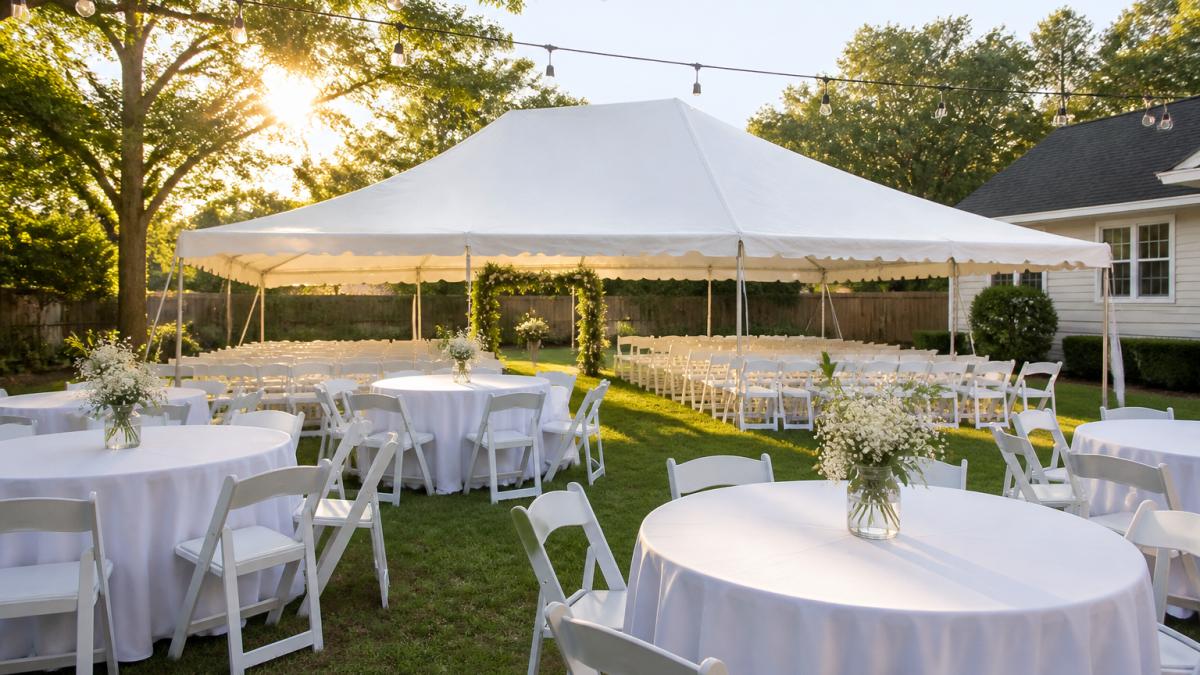 A white event tent set up in a residential backyard with rows of folding chairs and round tables draped in white linens, string lights overhead, late afternoon sunlight