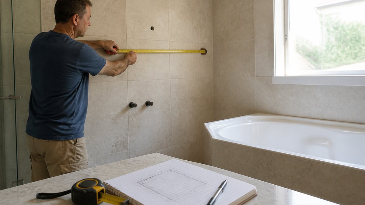 Homeowner using a measuring tape to measure bathroom wall dimensions, with a notepad and floor plan sketch visible on the counter, natural daylight from window