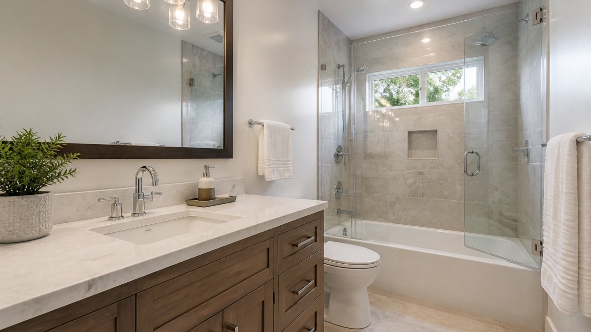 Professional bathroom with updated vanity, modern chrome fixtures, and contemporary lighting showing the results of strategic budget-conscious upgrades