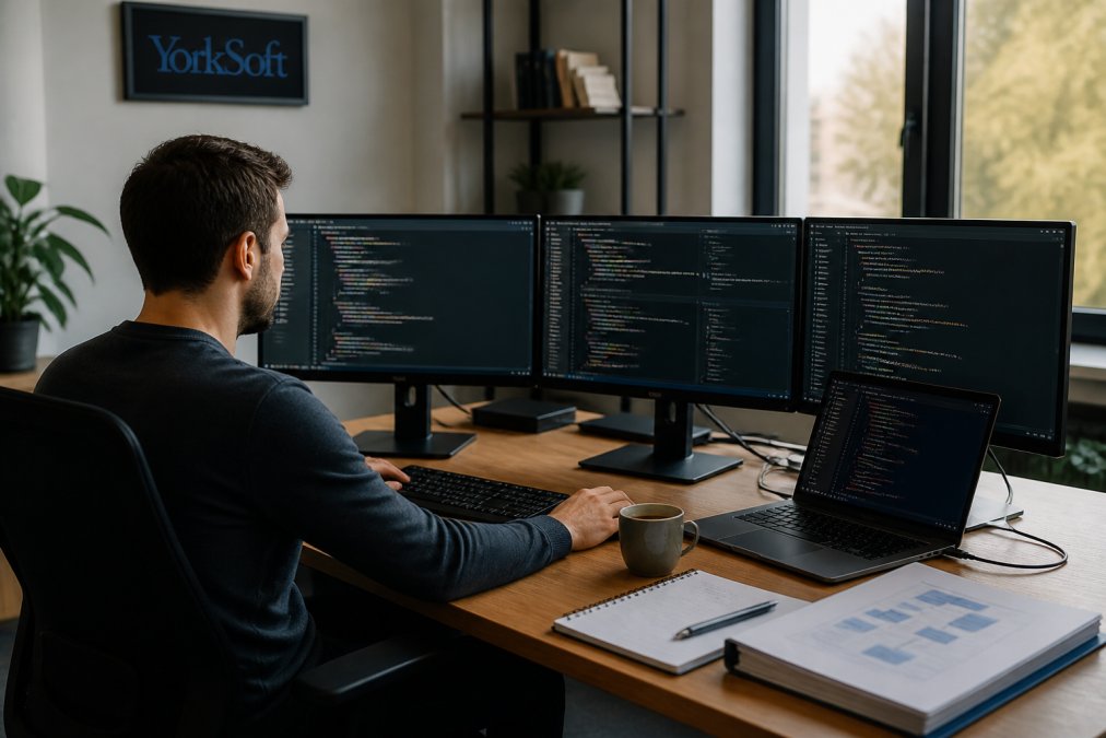 Developer working at desk with multiple monitors displaying code and system architecture diagrams, with coffee and technical documentation nearby, in a modern office with natural lighting