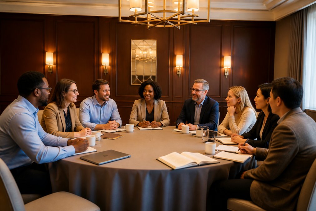 A diverse group of eight professionals in business casual attire engaged in a breakout session around a round table covered with notebooks, open laptops, and coffee cups, in a warmly lit private meeting room with soft overhead lighting