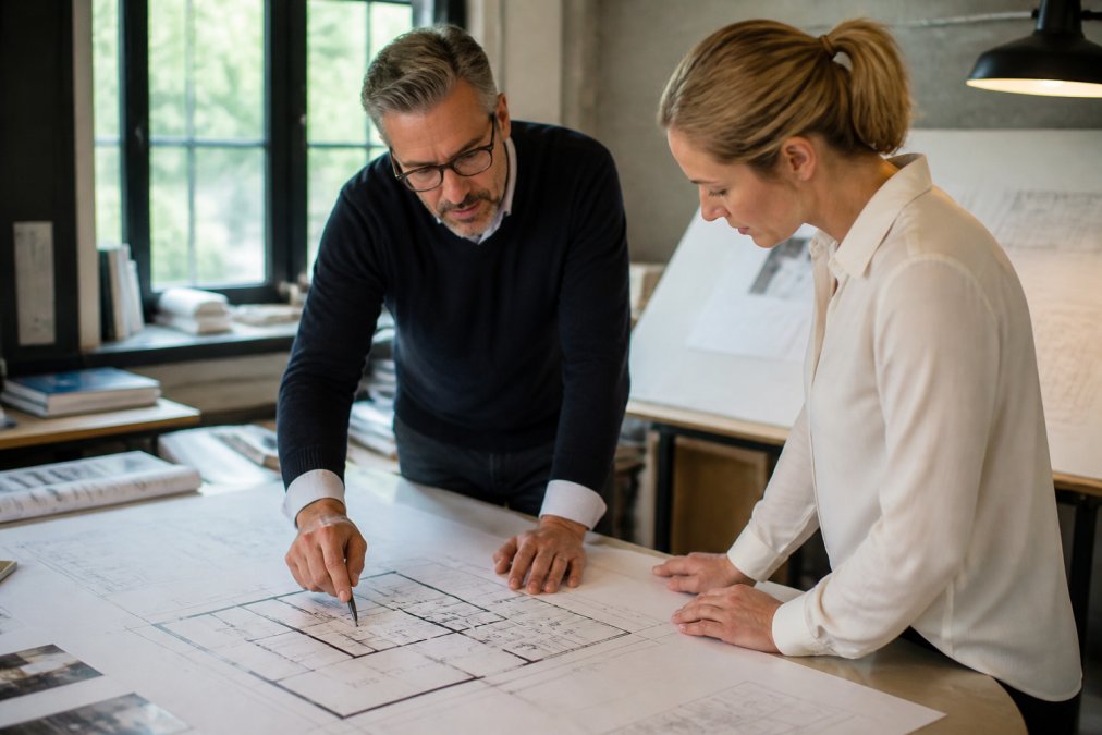 Architect reviewing detailed blueprints and floor plans at a drafting table with a client, pointing to design details and discussing layout options in a bright studio setting