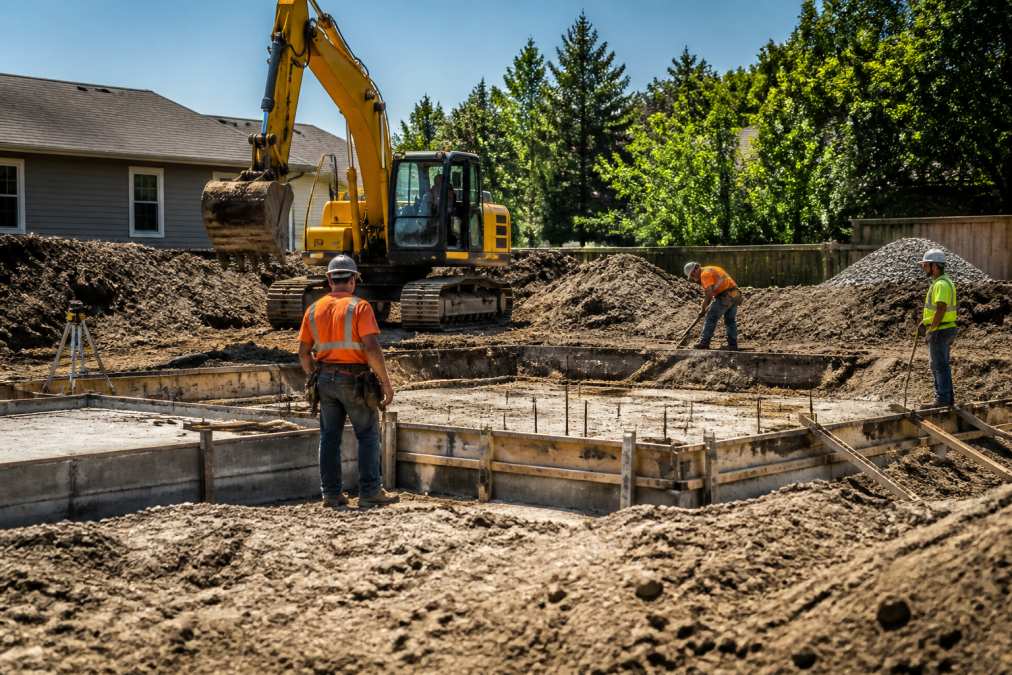 Active construction site showing excavation equipment and foundation work underway, with workers in safety gear and hardhat supervising groundwork during the building phase
