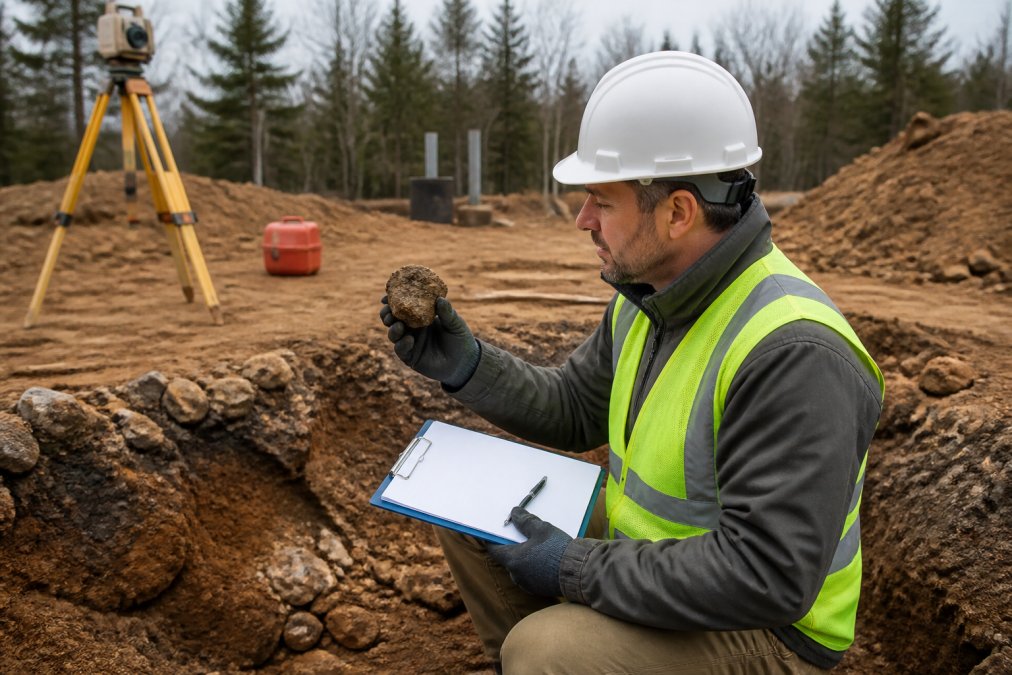 Geotechnical engineer examining soil sample from test pit on building site, holding clipboard with test results and surveying equipment visible