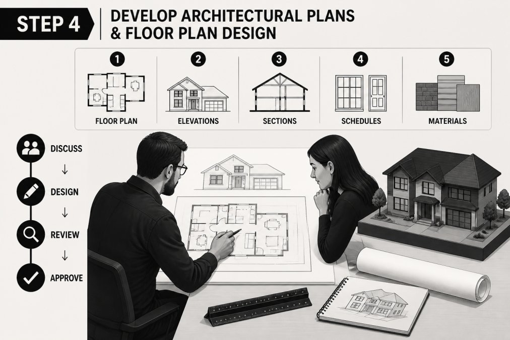 Architect and homeowner reviewing floor plan and elevation drawings at drafting table with scale model of custom home visible