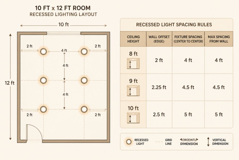 Top-down floor plan diagram of a 10 ft x 12 ft room showing recessed light positions on a grid, with dimension arrows marking 2 ft from walls and 4 ft between fixtures, plus a table of spacing rules by ceiling height (8 ft, 9 ft, 10 ft)