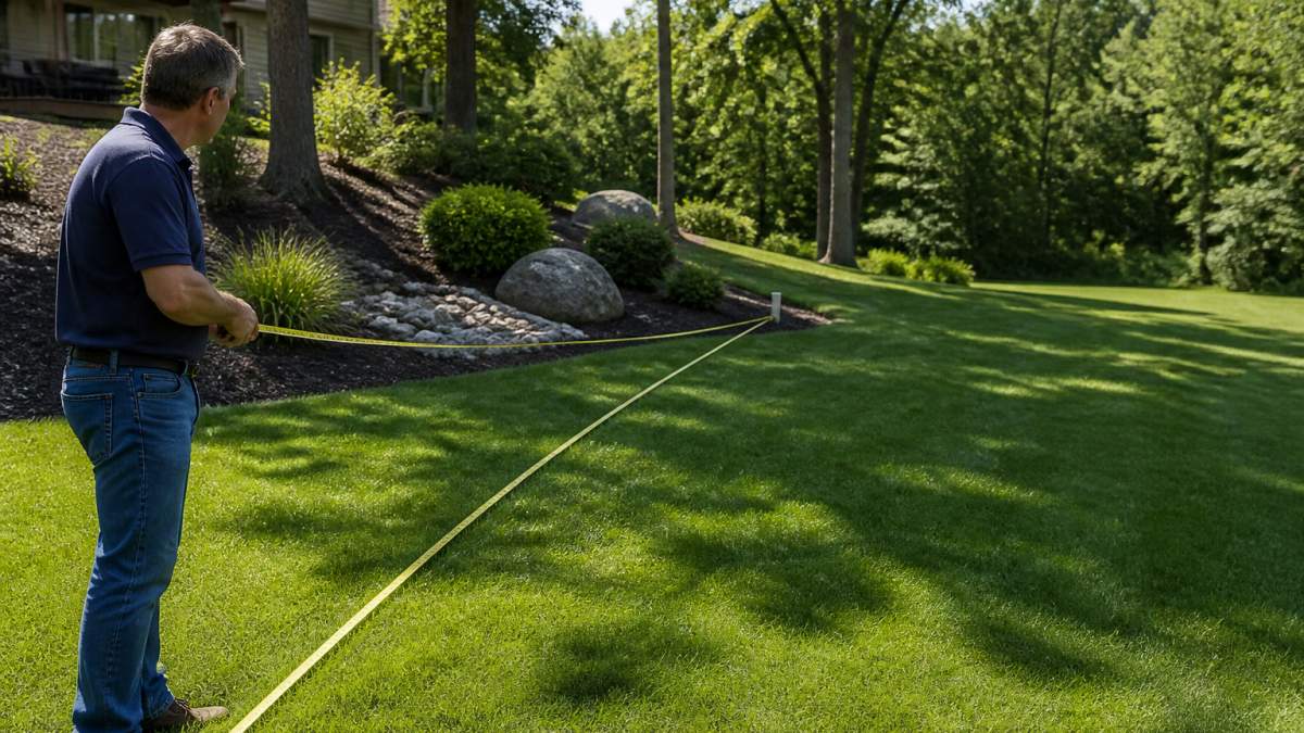 Homeowner measuring a backyard to plan the layout for a custom shape inground pool near existing trees