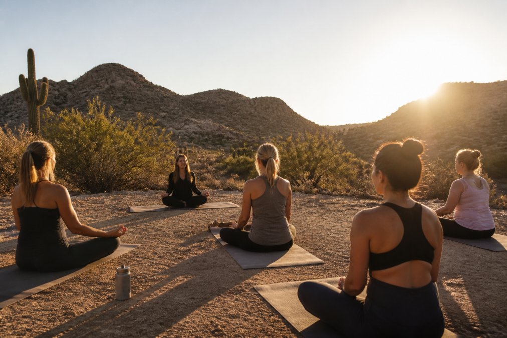 A serene desert landscape at golden hour with a group of people practicing yoga on outdoor mats in the foreground, long shadows stretching across the sand