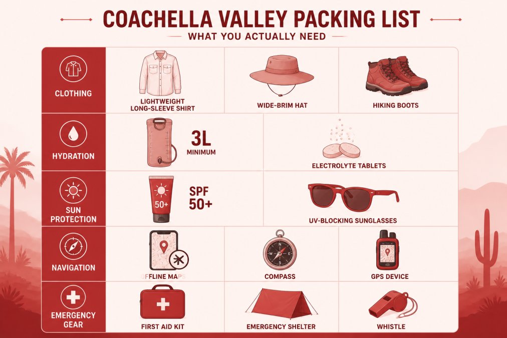 Essential items checklist matrix with categories: clothing (lightweight long-sleeve shirt, wide-brim hat, hiking boots), hydration (3-liter minimum water capacity, electrolyte tablets), sun protection (SPF 50+ sunscreen, UV-blocking sunglasses), navigation (offline maps, compass, GPS device), emergency gear (first aid kit, emergency shelter, whistle)