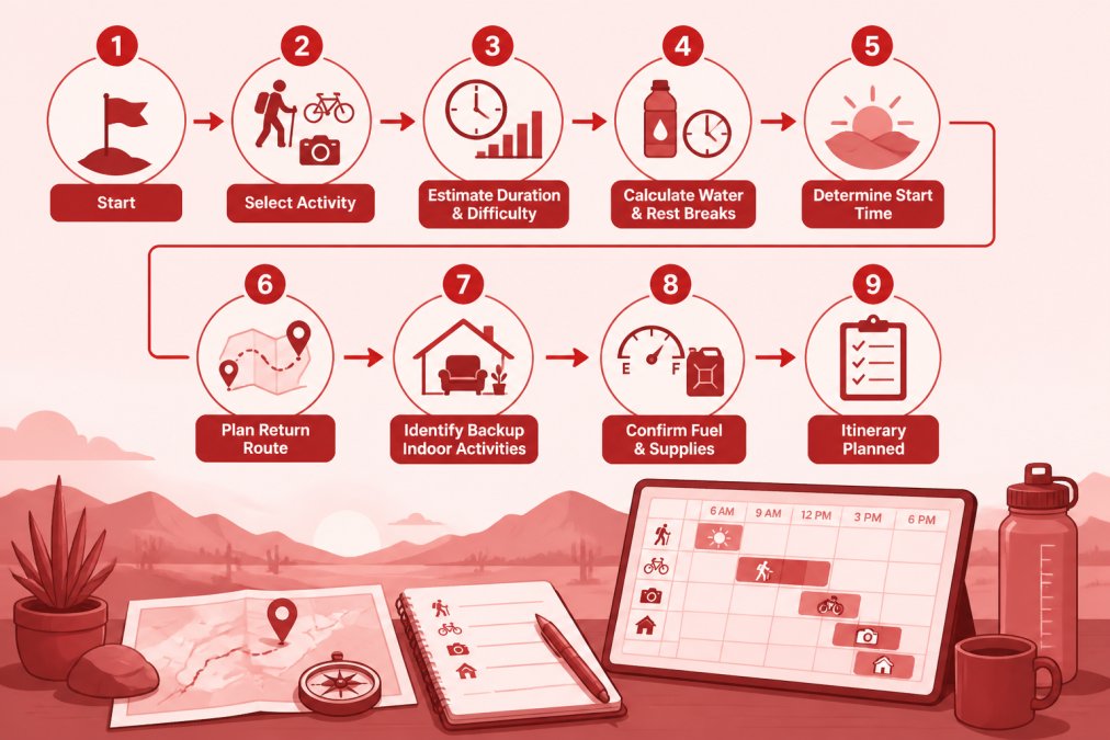 Flowchart for daily itinerary planning: Start → Select activity type → Estimate duration and difficulty → Calculate water and rest breaks needed → Determine start time based on daylight → Plan return route → Identify backup indoor activities → Confirm vehicle fuel and supplies