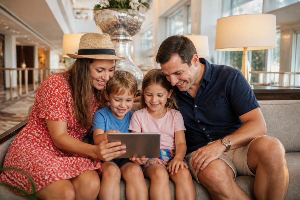 A family with young children sitting together on a couch in a bright, modern hotel lobby, looking at a tablet and smiling while reviewing their vacation plans