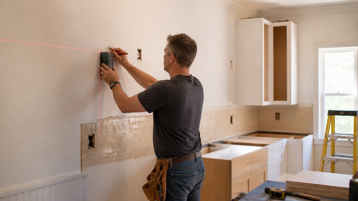Homeowner measuring kitchen walls with laser level and marking layout points for renovation planning