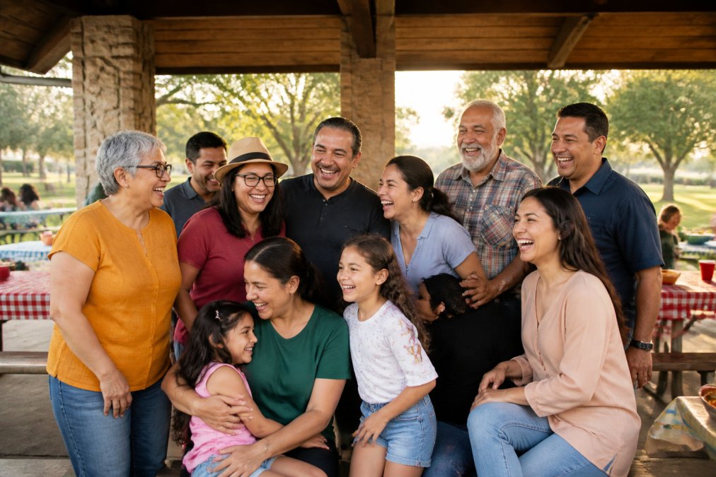 Extended family laughing together during an outdoor family reunion activity at a scenic park pavilion.