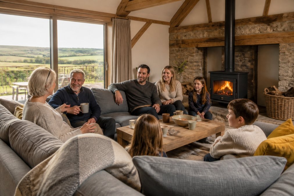 A spacious, light-filled holiday barn interior with comfortable sofas arranged around a log burner, multiple generations of a family relaxing together in a countryside setting with exposed beams and countryside views visible through large windows