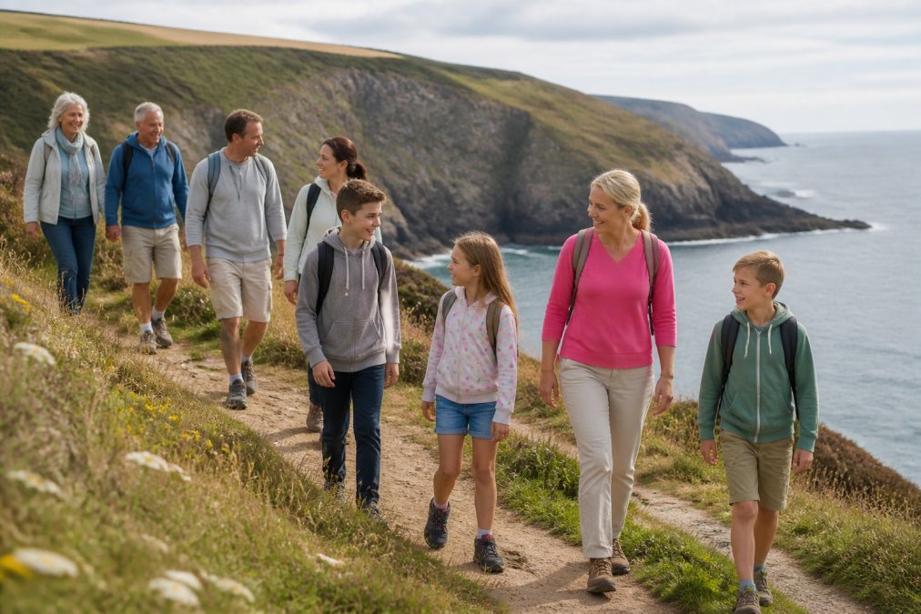 A diverse family group of multiple generations enjoying outdoor activities together on a dramatic coastal path in Devon, with adults, teenagers, children, and older relatives walking and enjoying the landscape with cliffs and sea visible in the background