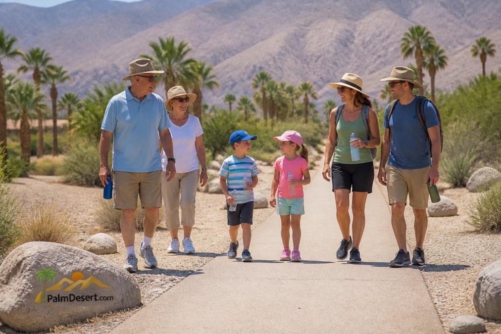 A family with two young children and grandparents walking a flat, paved desert trail in the early morning, wearing hats and carrying water bottles, with distant mountains and palm trees in the background