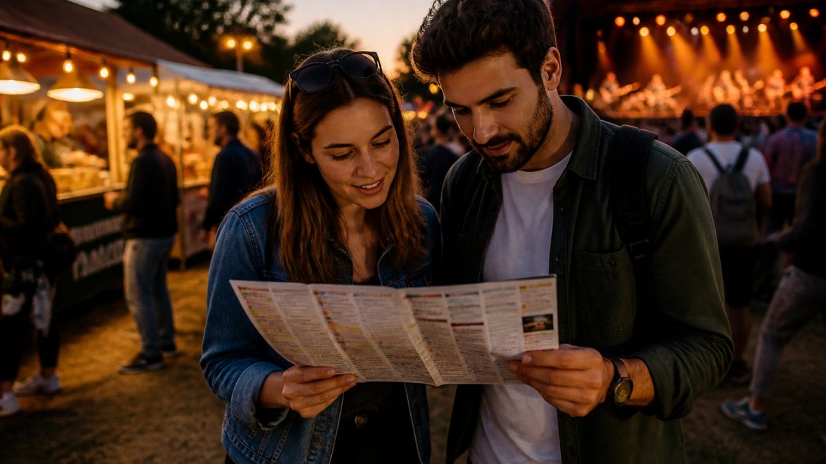 A couple planning their food and music weekend itinerary at an outdoor festival stage as evening lights glow.