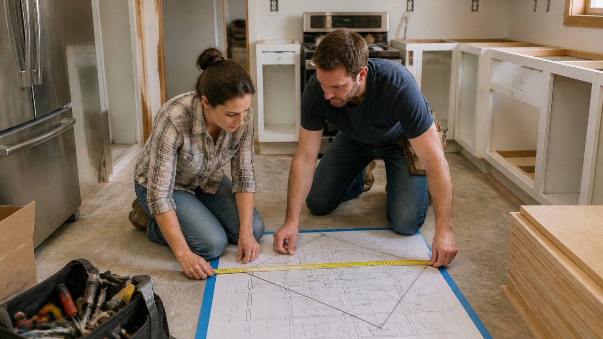 Homeowner and contractor measuring distances between kitchen appliances on a floor plan during a renovation