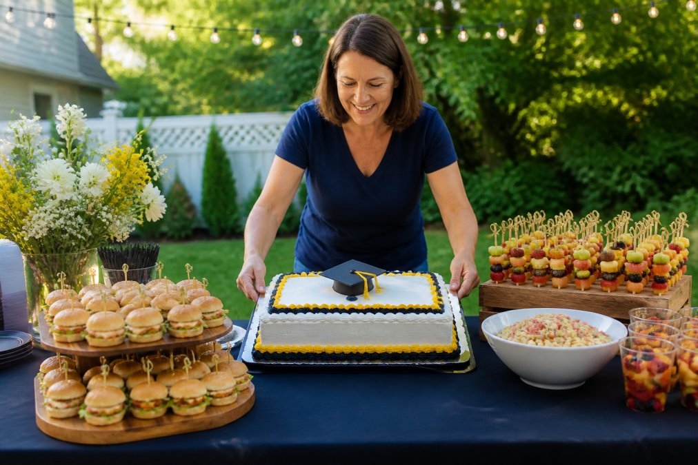 A smiling parent arranging a colorful graduation party buffet table with fruit skewers, slider sandwiches, and a sheet cake topped with a tiny graduation cap, set up in a bright backyard with string lights overhead