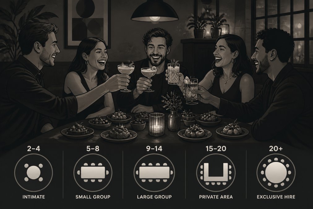 Group of friends laughing and toasting at a dining table with small plates and cocktails, warm candlelight and intimate restaurant setting, cosy atmosphere