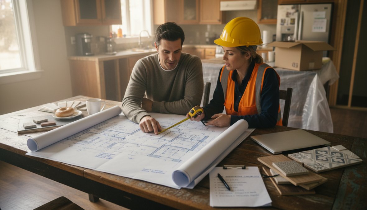 A homeowner and contractor reviewing printed floor plans together at a kitchen table, with a laptop, measuring tape, and material samples spread out in warm afternoon light