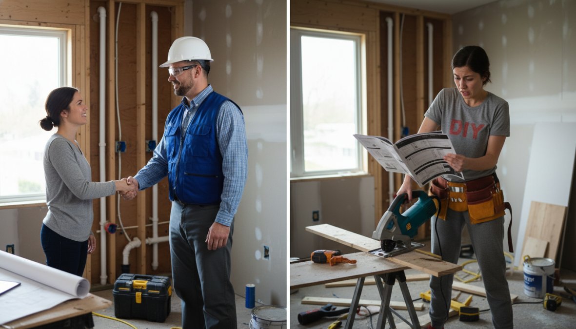 A professional contractor in a hard hat and work vest shaking hands with a homeowner inside a partially renovated room with exposed framing, new fixtures visible in the background, and natural light coming through an unfinished window opening