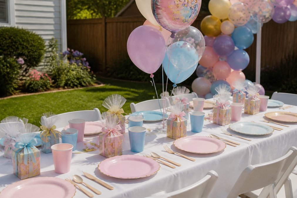 A brightly decorated kids birthday party table with themed balloons in pastel and bold colors, coordinated tableware, and small wrapped party favors arranged on a white linen cloth in a sunny backyard setting