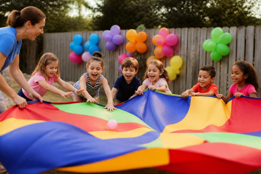 A group of six young children laughing and reaching for a colorful parachute during an outdoor party game, with an adult facilitator guiding them and bright balloon decorations visible on a fence in the background