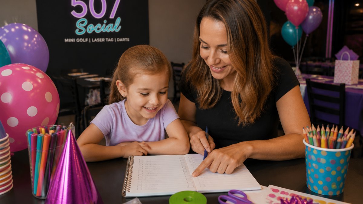 Parent and child reviewing party planning notes and colorful supplies together at a table with balloons and decorations in the background