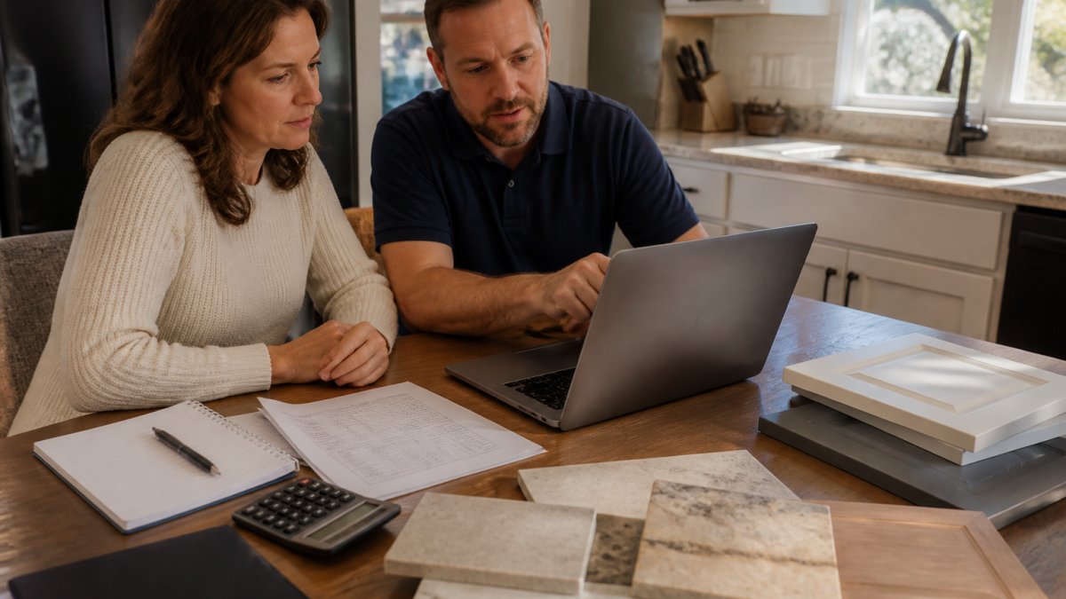 A homeowner and contractor reviewing a kitchen remodel cost breakdown spreadsheet on a laptop at a kitchen table, with cabinet door samples and countertop swatches spread nearby in warm afternoon light