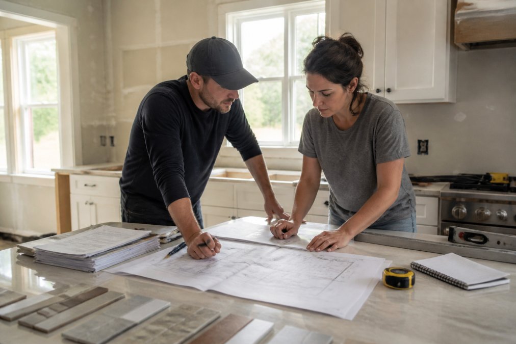A contractor and homeowner reviewing kitchen blueprints and permit paperwork spread across a kitchen island in a Dallas home mid-renovation, natural light through a window, tools and tile samples nearby
