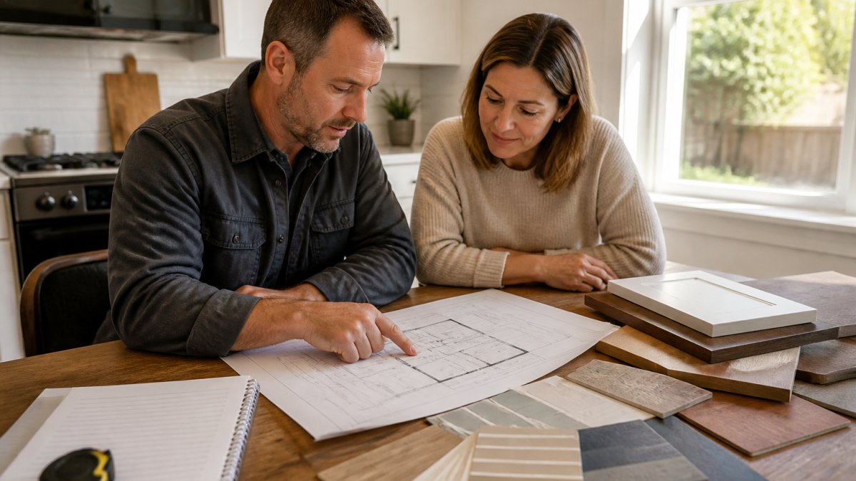 A homeowner and a contractor reviewing a kitchen remodel planning checklist and floor plans at a kitchen table, with paint samples and cabinet finish swatches spread out nearby, warm afternoon light through a window