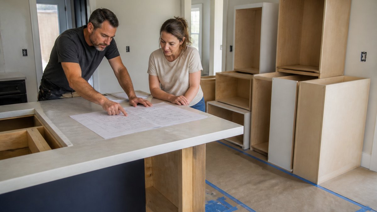 A homeowner and contractor reviewing a printed schedule on a kitchen island in a home under renovation, with cabinet boxes stacked against a wall and protective floor coverings visible