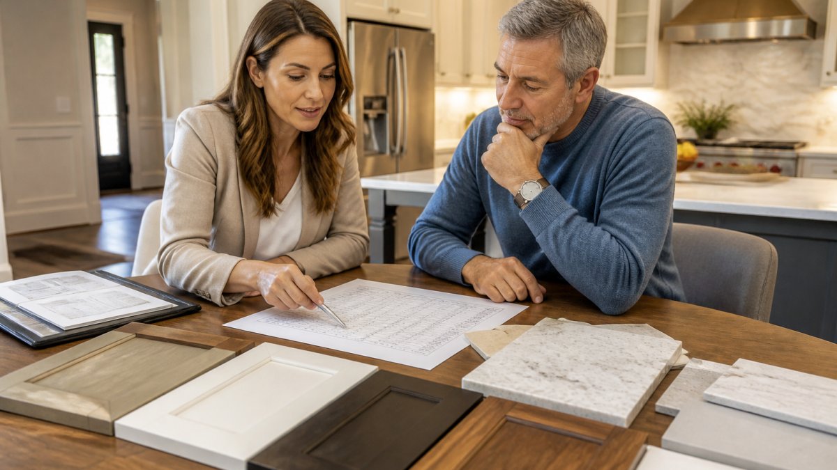 Homeowner and designer reviewing a kitchen renovation budget with material samples and quartz swatches