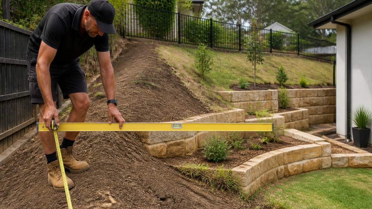 Professional demonstrating how to measure slope gradient on a hillside residential block using a level and measuring tape, with terraced garden features visible in the background