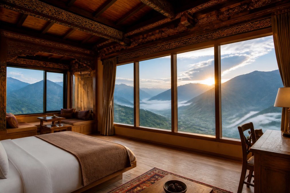 Luxury lodge interior with traditional Bhutanese architectural details, hand-painted wooden beams, and floor-to-ceiling windows overlooking misty mountain valleys at sunrise