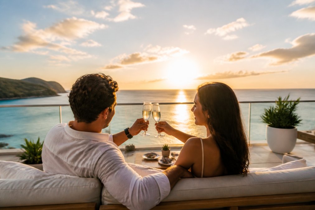 A stylish couple toasting with champagne on a private villa terrace overlooking a turquoise ocean at sunset, warm golden light reflecting off their glasses