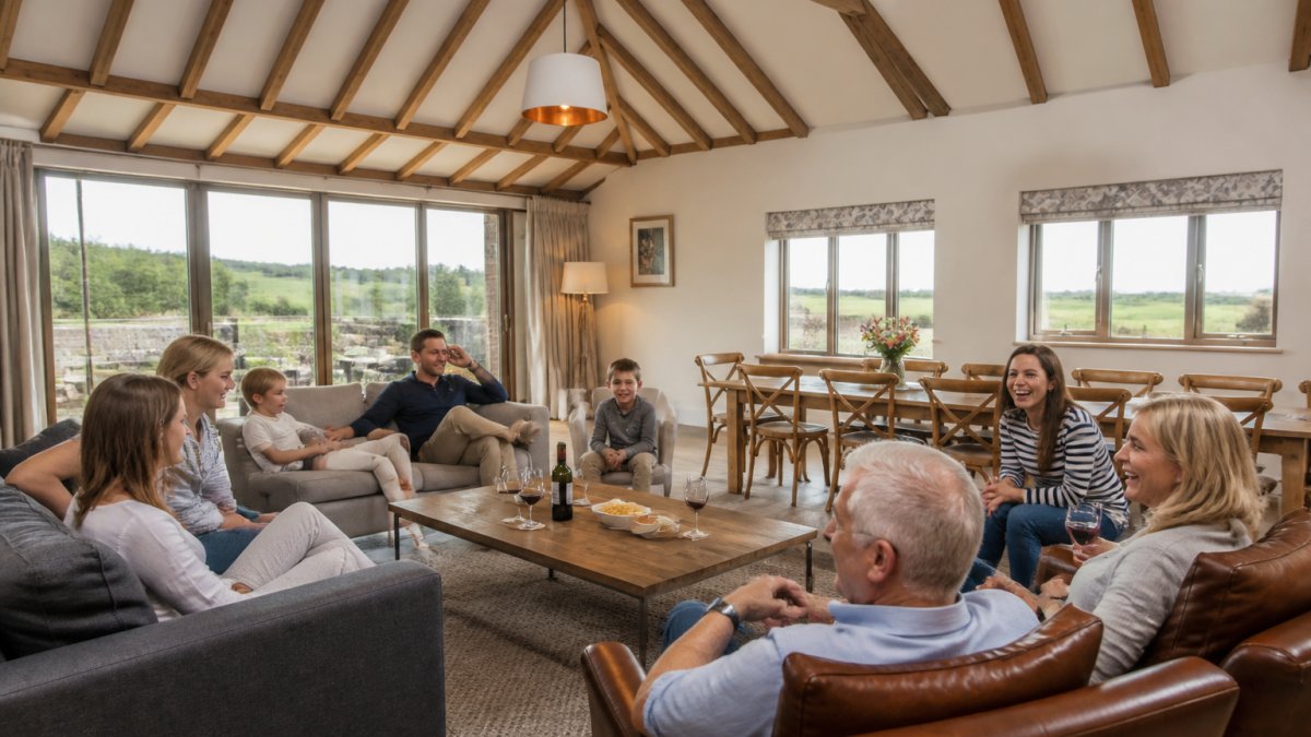 A spacious, modern holiday barn interior with comfortable seating areas, families of different ages relaxing together in a bright, well-lit living room with countryside views visible through windows