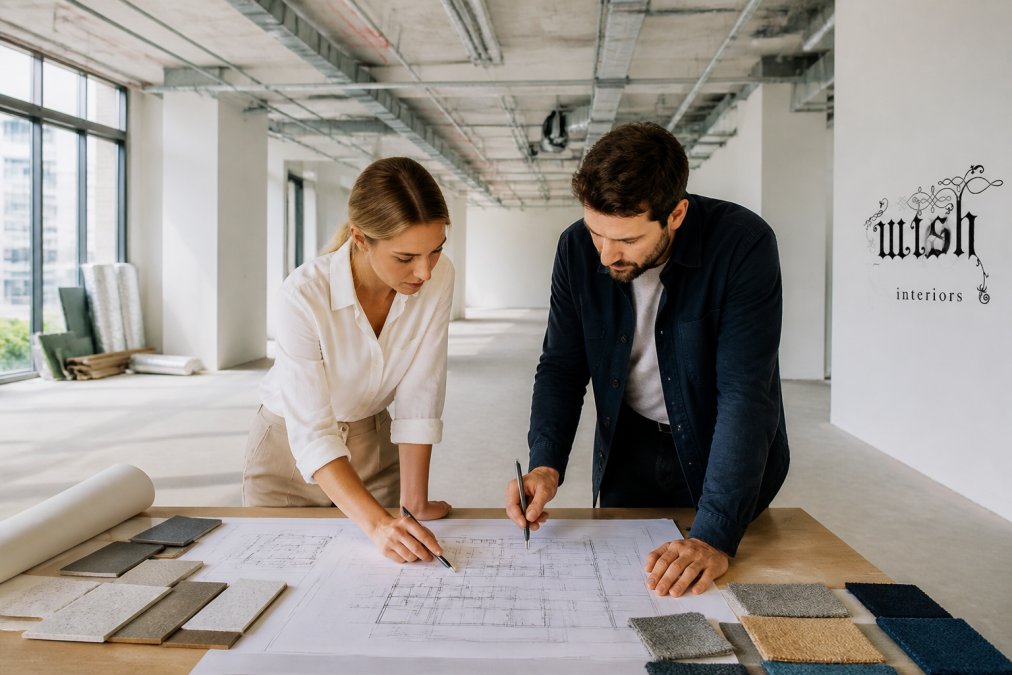 Two colleagues reviewing architectural floor plans and fabric samples on a large table in a bright, unfinished office space with exposed ceiling services