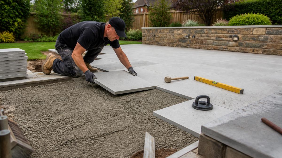 A newly laid porcelain patio in a large British garden, showing a prepared compacted sub-base, paving slabs being laid by hand, and a low retaining wall in the background